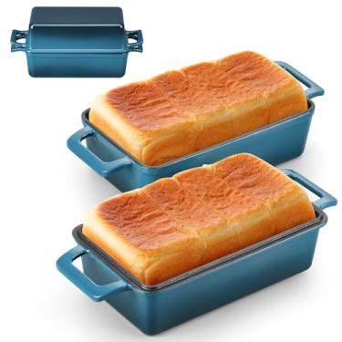 Imagem de Leonyo Forma de pão de ferro fundido 2 em 1 com tampa, forma de pão de ferro fundido esmaltado, assadeira de fermento, forno holandês de pão caseiro para bolo de libra, lasanha, até 260 °C e verde