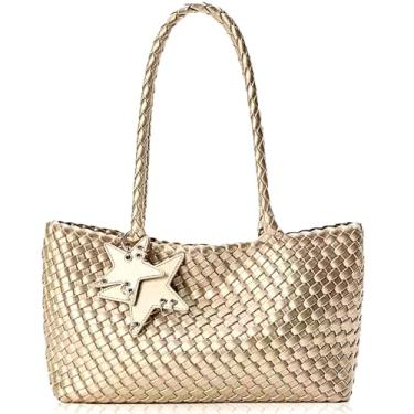 Imagem de DSGUTWO Bolsa de tecido para mulheres, bolsas e bolsas modernas, bolsas de ombro de praia, bolsa de viagem trançada com alça superior (dourada)