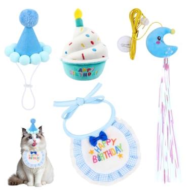 Imagem de Artigos de festa de aniversário para gatos - 4 peças de chapéu de aniversário de gatos, babador bordado, brinquedo de bolo e varinha de provocação, fantasia azul fofa para gatos, roupas de aniversário