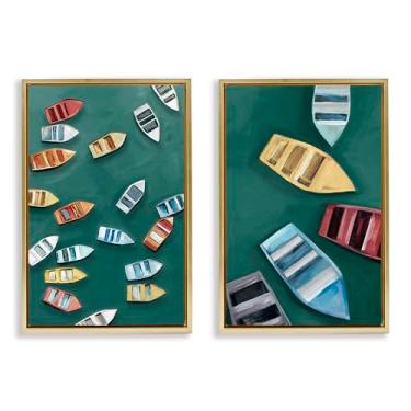 Imagem de Stupell Industries Conjunto de tela flutuante com moldura dourada de 2 peças de barcos a remo coloridos à deriva, design de Hannah Dawson, 78 x 53 cm