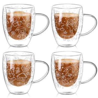Imagem de Layhit 4 peças de canecas de café de vidro de Natal, vidro duplo de 340 g com alça transparente de Natal, canecas de café geladas, presente para bebidas de leite com chocolate quente (homem de