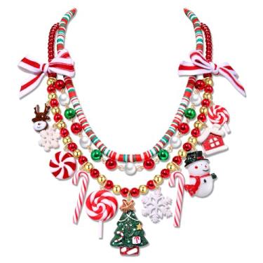 Imagem de HSWE Colar em camadas de Natal para mulheres, contas de argila douradas vermelhas e verdes, árvore de Natal, floco de neve, bengala doce, pirulito, boneco de neve, pingente de rena, colar gargantilha