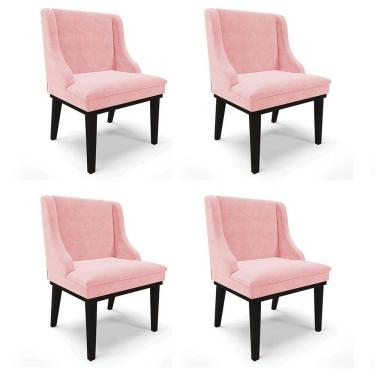 Imagem de Kit 4 Cadeiras Estofadas para Sala de Jantar Base Fixa de Madeira Preto Lia Suede Rosa bebê - Ibiza
