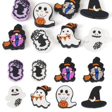 Imagem de Spritewelry 8 peças de contas focais de silicone de Halloween fofas abóbora fantasma caveira preta chapéu de bruxa contas para decoração de chaveiros, colar, pulseira, artesanato