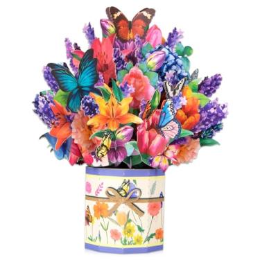 Imagem de DLYMXGC Cartões pop-up borboleta rosa grama, buquê de flores de papel, cartões comemorativos com cartão de notas em branco e envelope, presente ideal para celebrar o amor, aniversário, aniversário