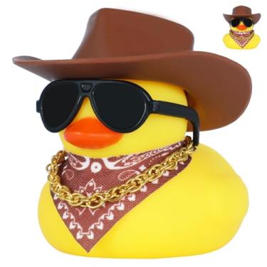Imagem de 1 pato caubói de borracha com chapéu e óculos de sol – decoração engraçada de painel de carro, acessórios DIY para carros/mesas/presentes, material de PVC premium (marrom)