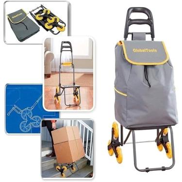 Imagem de Carrinho de Carga Dobrável 3 Rodas Sobe Escadas 40Kg com Bolsa Removível – Alumínio e Plástico Reforçado para Transporte e Compras