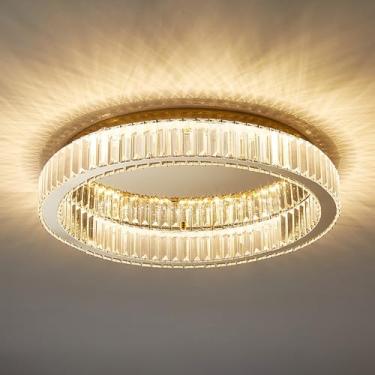 Imagem de Lustre de cristal, luminária de teto dourada embutida, lustre moderno redondo de LED, aço inoxidável, luminária rente ao teto para sala de estar, sala de jantar e quarto