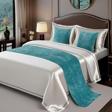 Imagem de Cachecol de corredor de cama de hotel cor sólida sem desbotamento decoração de cama de veludo luxuoso para quarto de cama proteção de cama macia de qualidade para cama dupla queen king tamanho verde.|