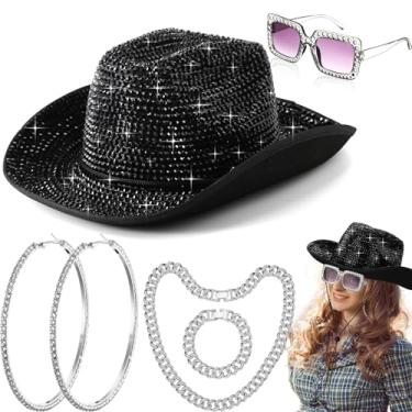 Imagem de Cutecrop 6 peças de chapéu de cowboy com strass, roupa de vaqueira para mulheres, com óculos de sol prateados, elos cubanos, corrente cubana, colar, pulseira e brinco circular (preto, clássico)