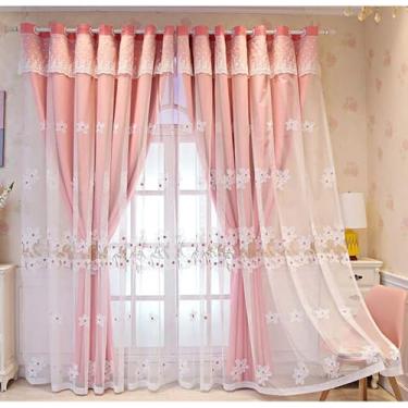 Imagem de Cortina blackout de renda bordada de camada dupla para sala de estar, painel decorativo de voile blecaute moderno, para isolamento térmico de quarto/varanda, 1 peça, rosa L 300 x A 250 cm