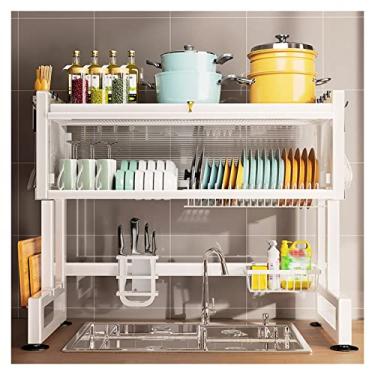 Imagem de CLLBANT Escorredor de pratos, escorredor de pratos de 2 níveis sobre o lavatório, escorredor de pratos para balcão de cozinha, escorredor de pratos com gancho de metal (cor: Branco, tamanho: 65 x 30 X