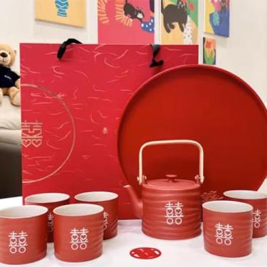 Imagem de Conjunto de chá de casamento de felicidade dupla tradicional chinesa, Kungfu de cerâmica, 1 bule de chá, 6 xícaras de chá, 1 bandeja, presente de casamento vermelho criativo de alta qualidade