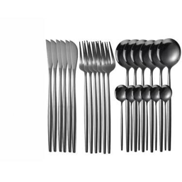 Imagem de Kit 24 Talheres De Aço Inox Garfo Colher Faca Colher De Mesa Para Uso Em Casa, Restaurantes Conjunto De Talheres(Preto)