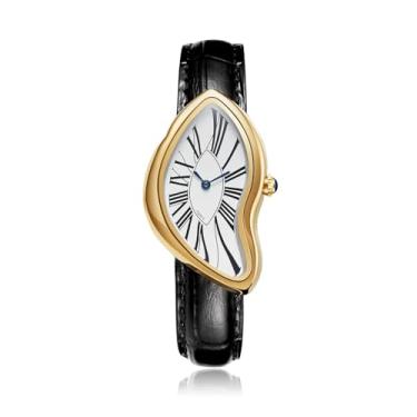Imagem de PINTIME Relógio masculino irregular, caixa banhada a ouro com algarismos romanos, pulseira de couro preto, relógio de pulso masculino com design artístico exclusivo, Dourado
