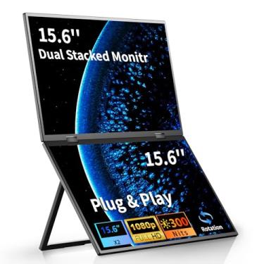 Imagem de sibolan Monitor duplo portátil, 39.6 cm 1080p FHD IPS dobrável empilhado triplo extensor de tela de laptop, USB-C Plug & Play para viagem, tela estendida para laptop, PC, Windows, Mac/suporte