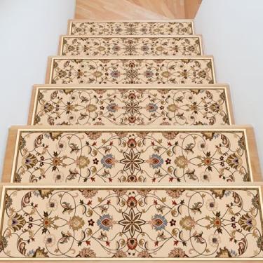 Imagem de InIsaJace Escadas vintage para degraus de madeira, pacote com 15 corredores de escada antiderrapantes para uso interno, 20 x 76 cm, tapetes laváveis com suporte de silicone para crianças, idosos e
