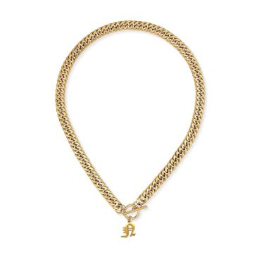 Imagem de ADEMISHIA Colar feminino com inicial inglesa antiga em ouro 18 K, delicado pingente A-Z com corrente cubana de aço inoxidável, gargantilha grossa, colar gargantilha para presente de Halloween e Natal