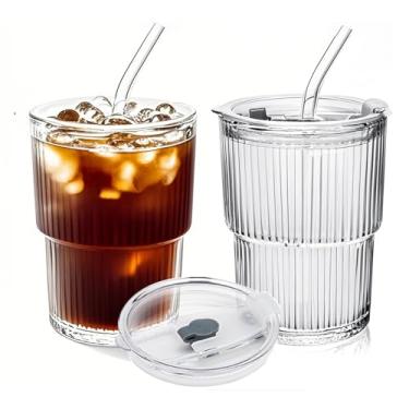 Imagem de Lioong 2 peças de copos de vidro com tampas e canudos, copos de café gelado de 368 g com tampas, copo de vidro com canudos, copos de viagem, canecas para bebidas frias, suco de batido, beber
