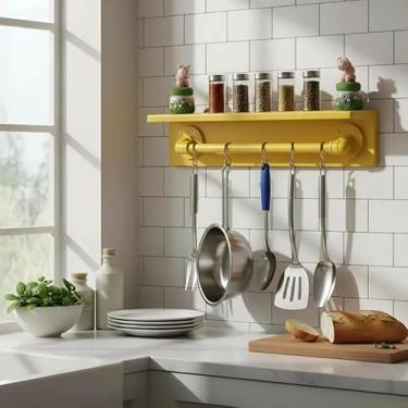 Imagem de Prateleira para Temperos e Suporte Utensílios e Panelas Cozinha Estilo Industrial Amarelo Laca