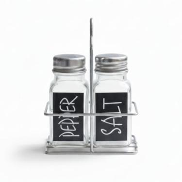 Imagem de Saleiro e Pimenteiro de Vidro com Suporte Aramado Prata 2 Peças 100ml – Porta Condimentos Elegante, Jogo de Temperos para Cozinha e Mesa