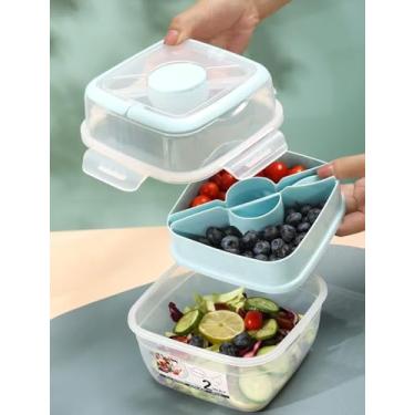 Imagem de 1 caixa de salada branca de camada dupla com garfo e recipiente de molho caixa de cereais em movimento - 800 ml, perfeita para café da manhã, passeios e piqueniques! Branco