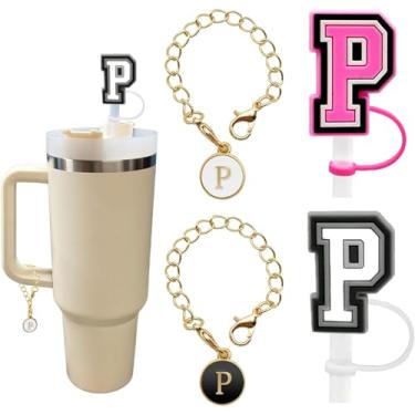 Imagem de Pacote com 4 capas de canudo de letras de silicone para copos Stanley, tampas de palha do alfabeto reutilizáveis, acessórios personalizados para garrafa de água (letra P)