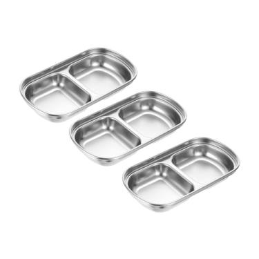 Imagem de Pacote com 3 tigelas de molho de aço inoxidável com 2 compartimentos divididos, prato de tempero de metal, tigela de molho para cozinha doméstica, churrasco, restaurante, prata