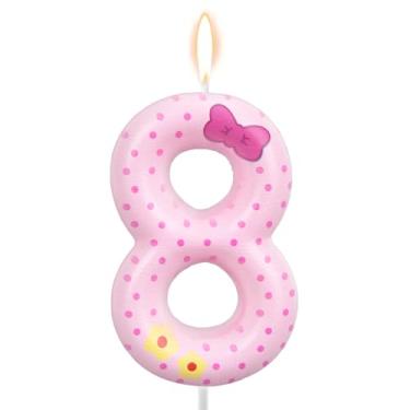 Imagem de Velas de Aniversário com Laço Rosa, Velas Rosa e Brancas de Bolinhas Gato Desenho Animado Decoração Bolo Topo Vela para Meninas Mulheres Casamento Aniversário Festa (Número 8)