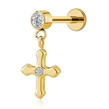 Imagem de FLORA PIERCING MINIBARBELL AÇO CIRÚRGICO PVD COM PINGENTE CRUZ PIERCING ORELHA TRAGUS HELIX CONCH MODA FEMININA 1.2X8 (DOURADO)