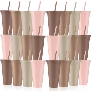 Imagem de Skylety 24 peças de copos de plástico boho com tampas e canudos 680 g copo reutilizável grande caneca de viagem xícara de café bebidas suprimentos de festa para Natal, casamento, noiva, chá de bebê