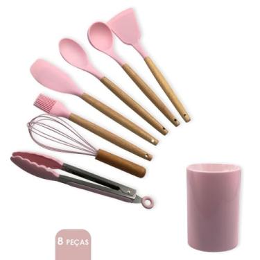 Imagem de Kit Utensílios de Cozinha em Silicone com Cabo de Madeira, 8 Peças, Rosa, Inclui Concha, Colher, Espátulas, Pegador, Fuê, Pincel e Suporte