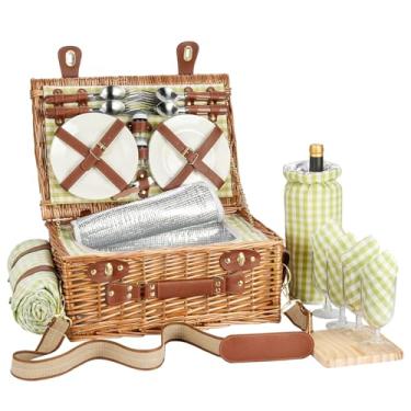 Imagem de Conjunto de cesta de piquenique de vime para 4 pessoas com compartimento refrigerador e cobertor de piquenique à prova d'água, alça removível, saco de vinho, conjunto de talheres, para acampamento