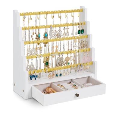Imagem de Pinzoveco Organizador de brincos, organizador de brincos de 5 camadas com mastro de metal para colar, organizador de joias de madeira rústica, expositor para brincos, pulseiras, colar, anel, 175 furos
