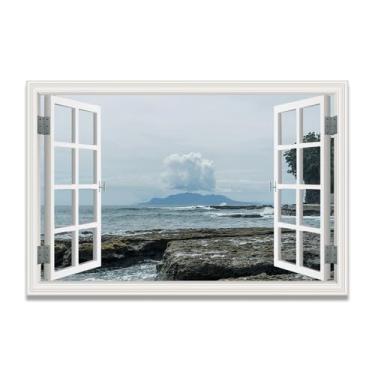 Imagem de LKXGRRSFG Impressão em tela de janela falsa A Cloud In The DistanceImmersive, arte de parede cênica virtual para decoração de sala de estar 69,8 x 105 cm sem moldura