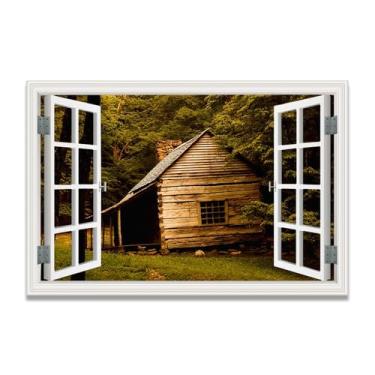 Imagem de LKXGRRSFG Impressão em tela de ilusão de janela falsa de casa de madeira inclinada, arte de parede com vista panorâmica real para sala de estar 30 x 45 cm sem moldura