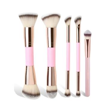Imagem de Pro 5 pincéis de maquiagem de cabeça dupla, conjunto de pincéis de ponta dupla, conjunto profissional de pincéis de maquiagem para os olhos, base para sombra, sobrancelha, viagem, maquiagem (rosa)