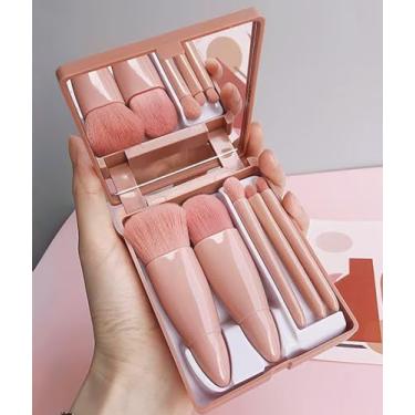 Imagem de Conjunto de pincéis de maquiagem para viagem com espelho, kit de 5 pincéis cosméticos com estojo