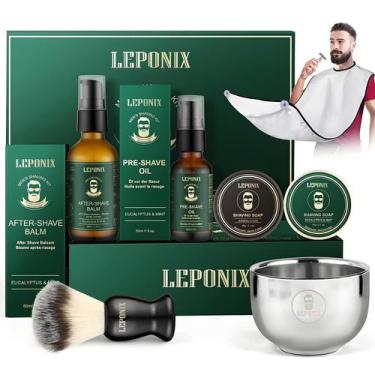 Imagem de Kit de barbear LEPONIX para homens com óleo pré-barbear de eucalipto e