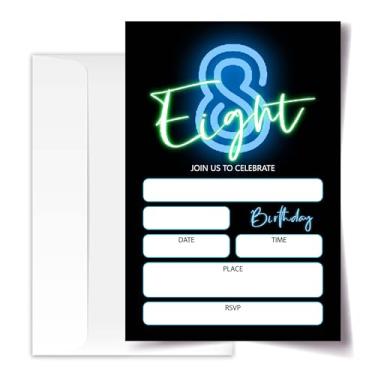 Imagem de ANYEMW Convites de aniversário de 8 anos Neon Glow 10 x 15 20 cartões com 20 envelopes para meninos e meninas Convites de festa de 8º aniversário. (189)