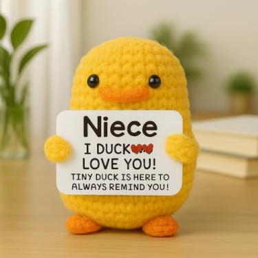 Imagem de Mini presente de amor de sobrinha - pato de crochê feito à mão - Engraçado, pequeno, fofo, suporte emocional, positivo, presente para sobrinhas, aniversário, formatura