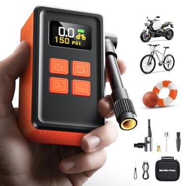Imagem de MCY Bomba portátil e mini para bicicleta com calibre, bomba de pneu elétrica de inflação rápida 25s com 150 psi, bomba de bicicleta com Presta, válvula Schrader, parada automática, visor de pressão