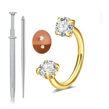 Imagem de MODRSA Anel de nariz em ferradura dourada 20 g dupla gema sapato de cavalo argola para mulheres aço cirúrgico meia argola em forma de U brinco tragus argolas labret lábio hélice piercing joias anéis