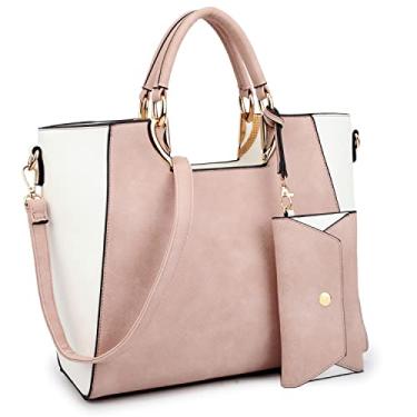 Imagem de Bolsa feminina de couro vegano em dois tons, bolsa de trabalho com alça superior grande com alça de pulso combinando, rosa