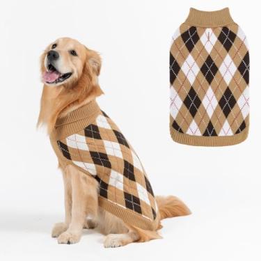 Imagem de PAWCHIE Suéter para cães grandes, suéter clássico de malha de gola rolê para cães para clima frio, pulôver xadrez macio, roupas quentes de inverno para animais de estimação, casaco para meninas e