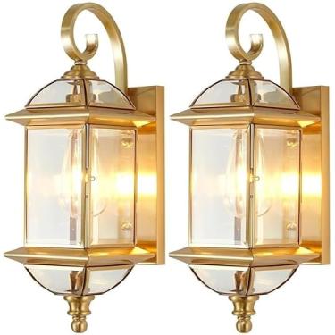 Imagem de Luminária De Teto Para Porta Da Frente, Luminária Externa De Latão De 18,5" Com Vidro Dourado à Prova D'água Para Varanda, Jardim E Pátio., 2-pack, 14 * 47cm