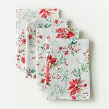 Imagem de Benson Mills Toalha de mesa de tecido jacquard com estampa de poinsétia nostálgica, para férias, inverno e Natal (poinsétia nostálgica, guardanapos de 45,7 x 45,7 cm, conjunto com 4)