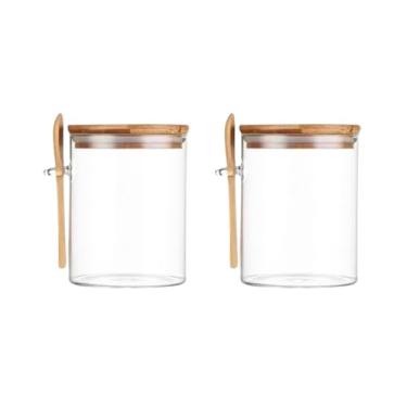 Imagem de Potes de Vidro Herméticos com Tampa de Bambu, Conjunto com 2 Unidades, 450ml, Organizadores para Café e Açúcar, Borossilicato Transparente, Colher Decorativa Inclusa