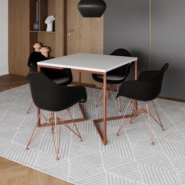 Imagem de Mesa Jantar Industrial Branca 90Cm Quadrada Base Cobre V Com 4 Poltronas Pretas Pés Cob Marrom