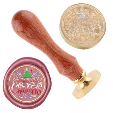 Imagem de Carimbo de lacre de cera de Natal Merry Christma carimbo de latão e uma alça de madeira para cartões de Natal, convites de festa, envelopes de cartas, cartões de felicitações, presentes